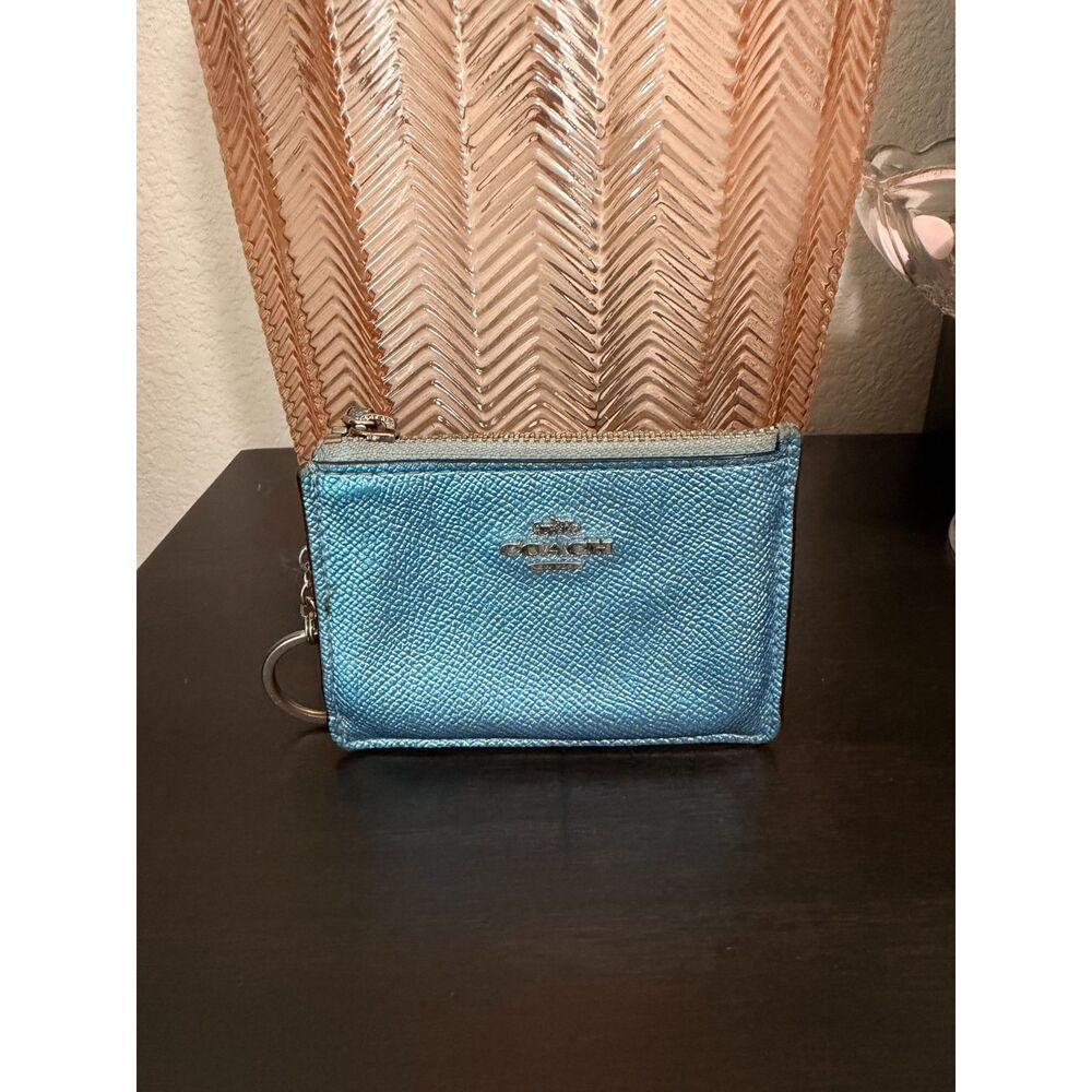 Coach Blue Metallic Leather Card Holder Key Pouch ID Wallet- Zip Top